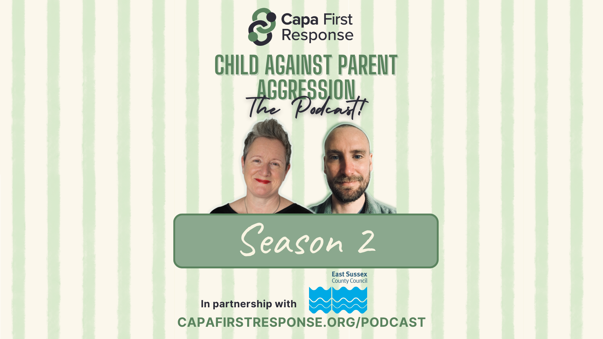 graphic in green and creams stating #The Capa Podcast season 2' with photos of the two presenters, matt and Jane