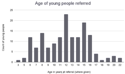 chart showing age in years at referral age where given